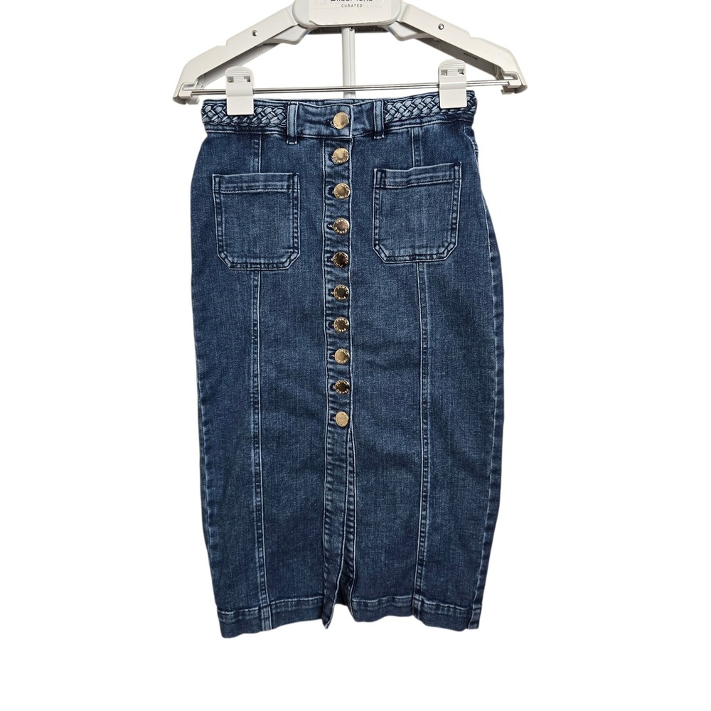 Pinko Bruna Gonna Denim Skirt Size US 2 Cotton Blend Gold Button Front Blue Slit